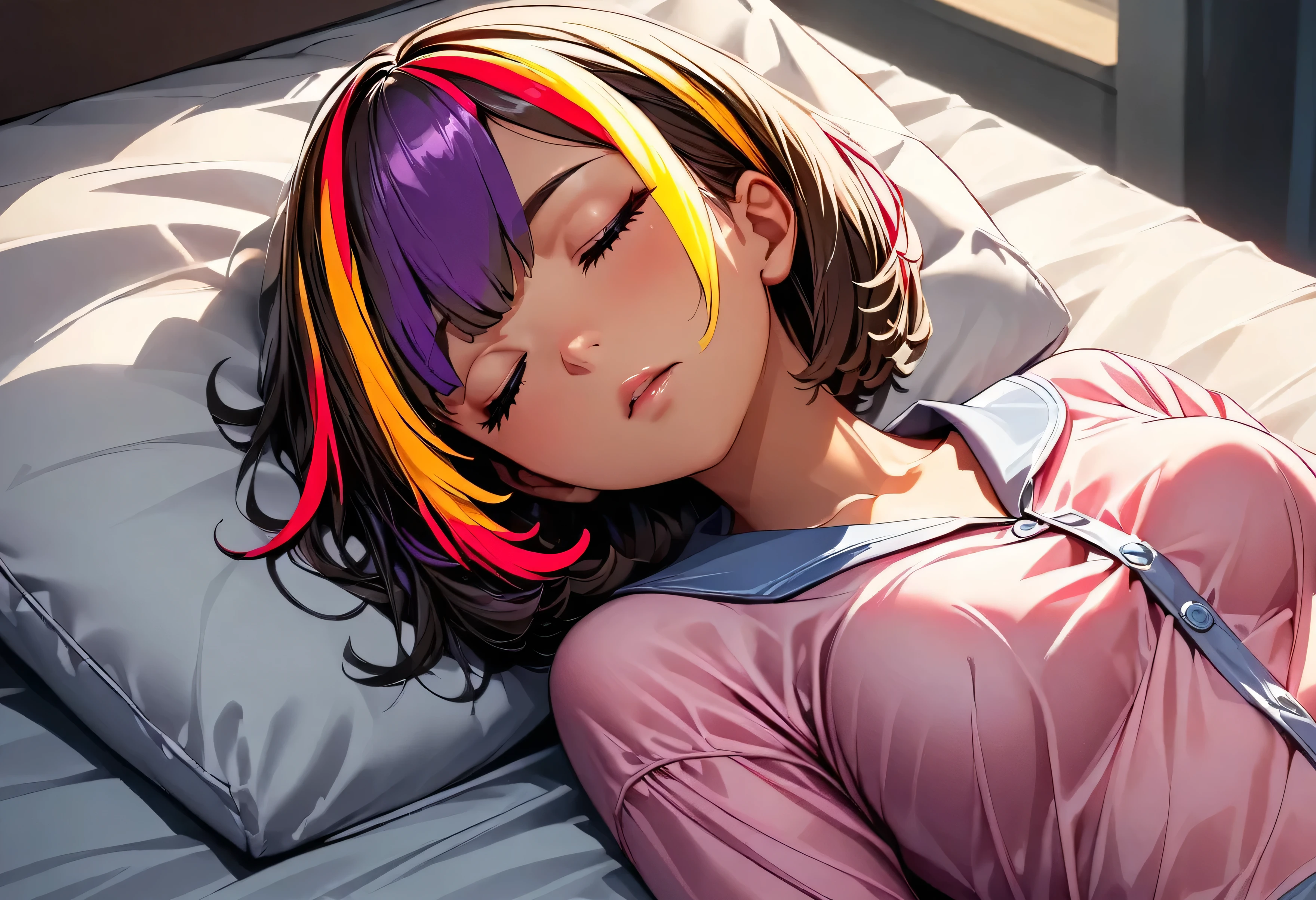 ((highest quality:1.2, Very detailed, up to date, Vibrant, Ultra-high resolution, High Contrast, masterpiece:1.2, highest quality, Best aesthetics), Portraiture、girl、solo, (25-years-old:1), slim, Bright colors、Beautiful fine details、Beautiful lip detail、extra short hair, ((bob cut:1.5))、pink and purple, ((streaked hair:1.9)), (highlights hair: 1.6), (medium breast:0.7), (tan skin:0.5), ((sleeping on the bed)), (sleep sprawled out:1), close eyes, lie down on her back, bad sleeping position , sexy pajamas, cowboy shot:1.5