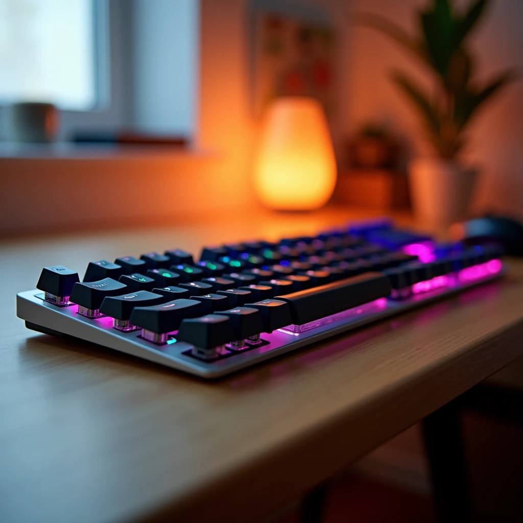 Amazing high quality keyboard image, blurred background, white background, soft orange light behind, different colors, shot showing the keyboard on the table., Top-down camera angle [Take professional photos]
