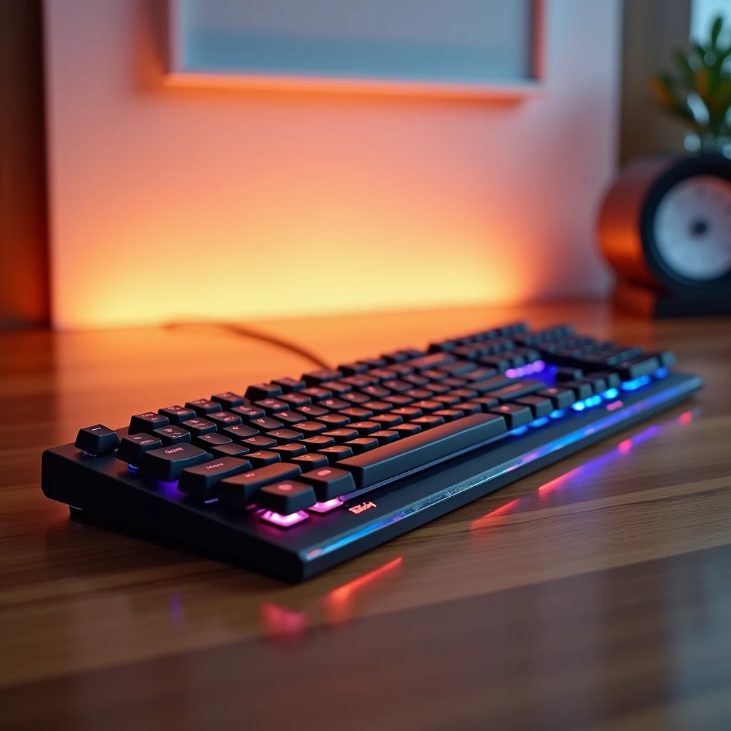 Amazing high quality keyboard image, blurred background, white background, soft orange light behind, different colors, shot showing the keyboard on the table., Top-down camera angle [Take professional photos]