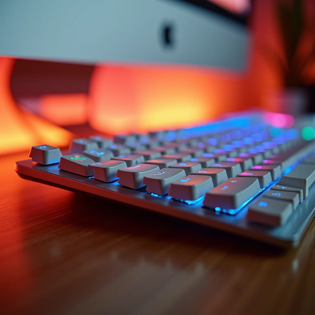 Amazing high quality keyboard image, blurred background, white background, soft orange light behind, different colors, shot showing the keyboard on the table., Top-down camera angle [Take professional photos]