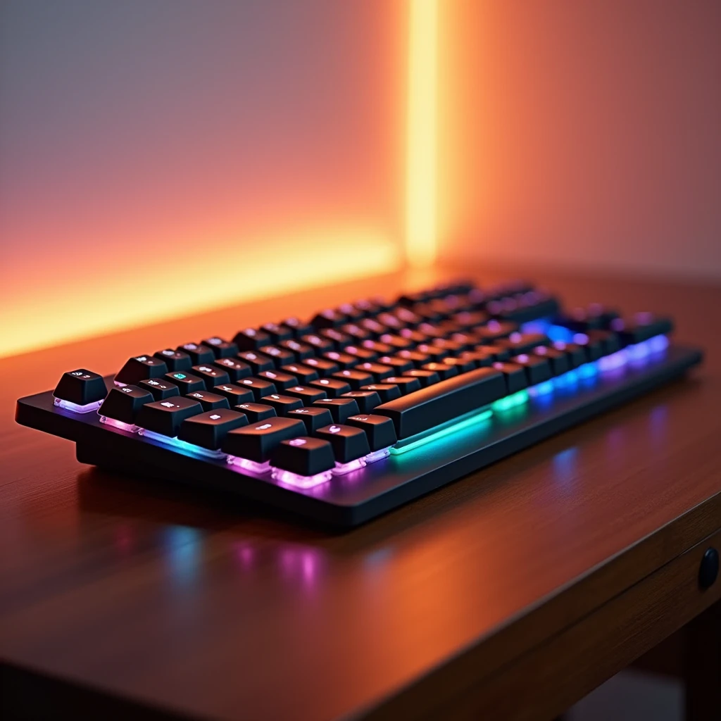 Amazing high quality keyboard image, blurred background, white background, soft orange light behind, different colors, shot showing the keyboard on the table., Top-down camera angle [Take professional photos]