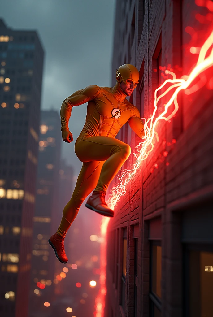 The reverse flash, yellow suit,red lightning trail,slow mo image, running up a building,legs are blurry,8k, uhd, severe low lighting, high quality, sharp focus, fujifilm XT3,ray tracing