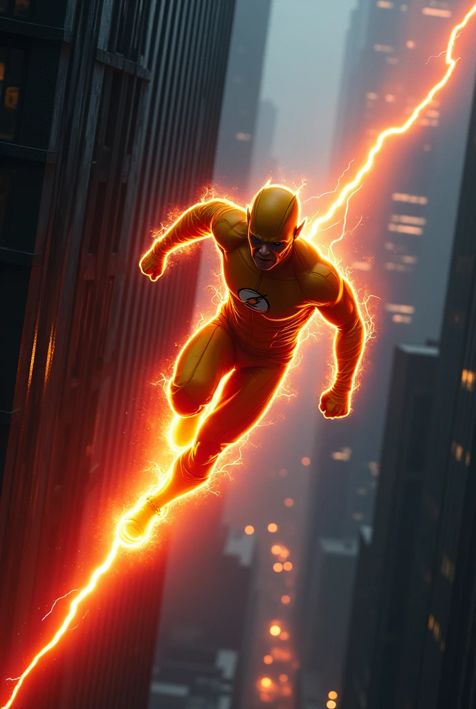 The reverse flash, yellow suit,red lightning trail,slow mo image, running up a building,legs are blurry,8k, uhd, severe low lighting, high quality, sharp focus, fujifilm XT3,ray tracing