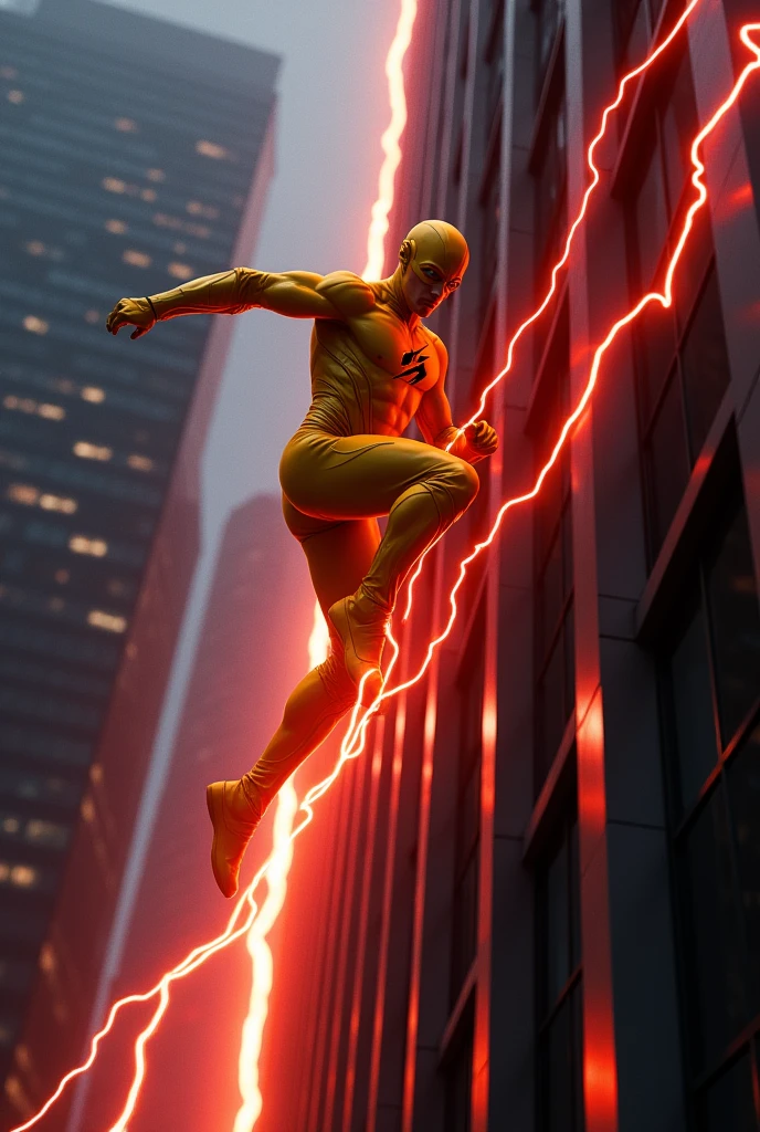The reverse flash, yellow suit,red lightning trail,slow mo image, running up a building,legs are blurry,8k, uhd, severe low lighting, high quality, sharp focus, fujifilm XT3,ray tracing 