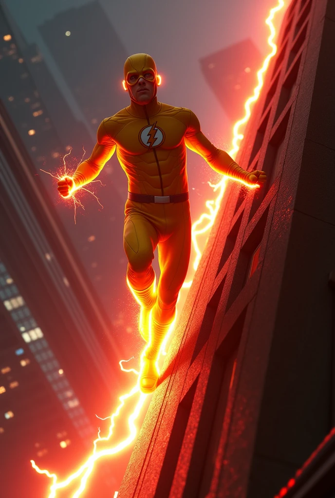 The reverse flash, yellow suit,red lightning trail,slow mo image, running up a building,legs are blurry,8k, uhd, severe low lighting, high quality, sharp focus, fujifilm XT3,ray tracing 