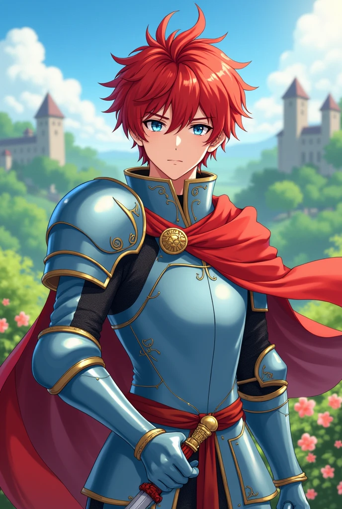 a young nobleman with bright red hair, light blue armor and red cape holding a rapier, anime style
