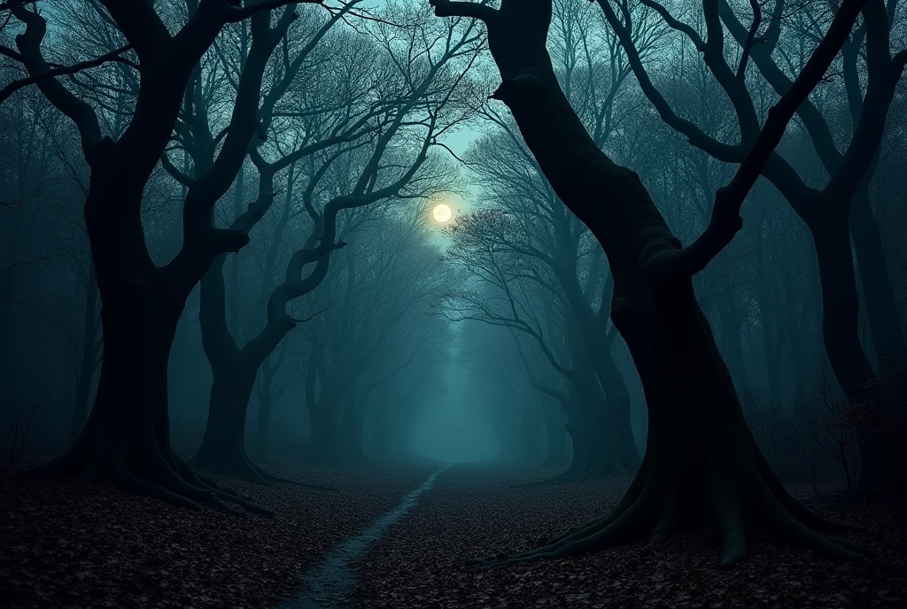 Create a slightly dark and gloomy forest environment representing the emptiness and pitch black of the night
