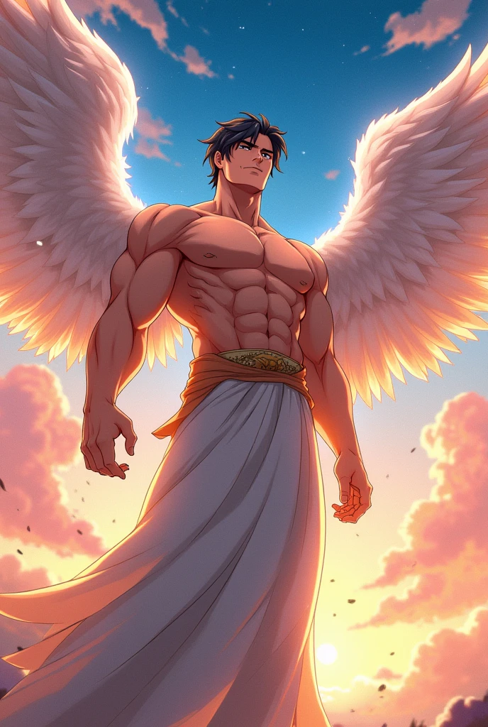 an omnipotent character,muscular body,handsome anime bangs,wings of the almighty