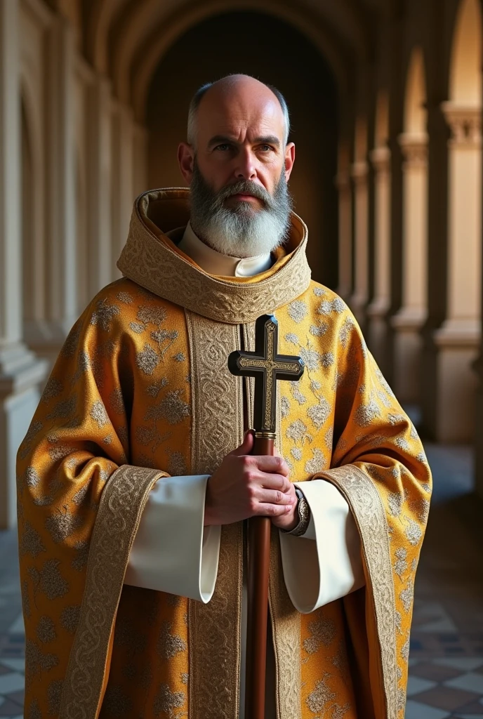 saint benedict, standing proud, wearing religious balenciaga attire, embroidered clothing, looking at camera
