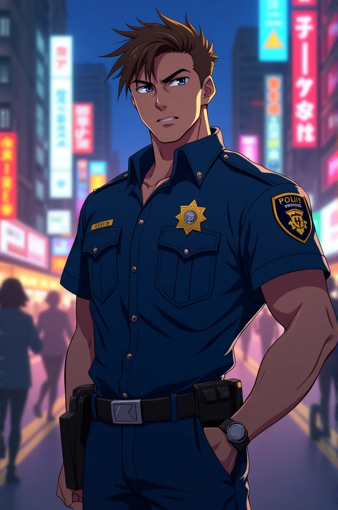 Un policier, brun, yeux gris, anime style