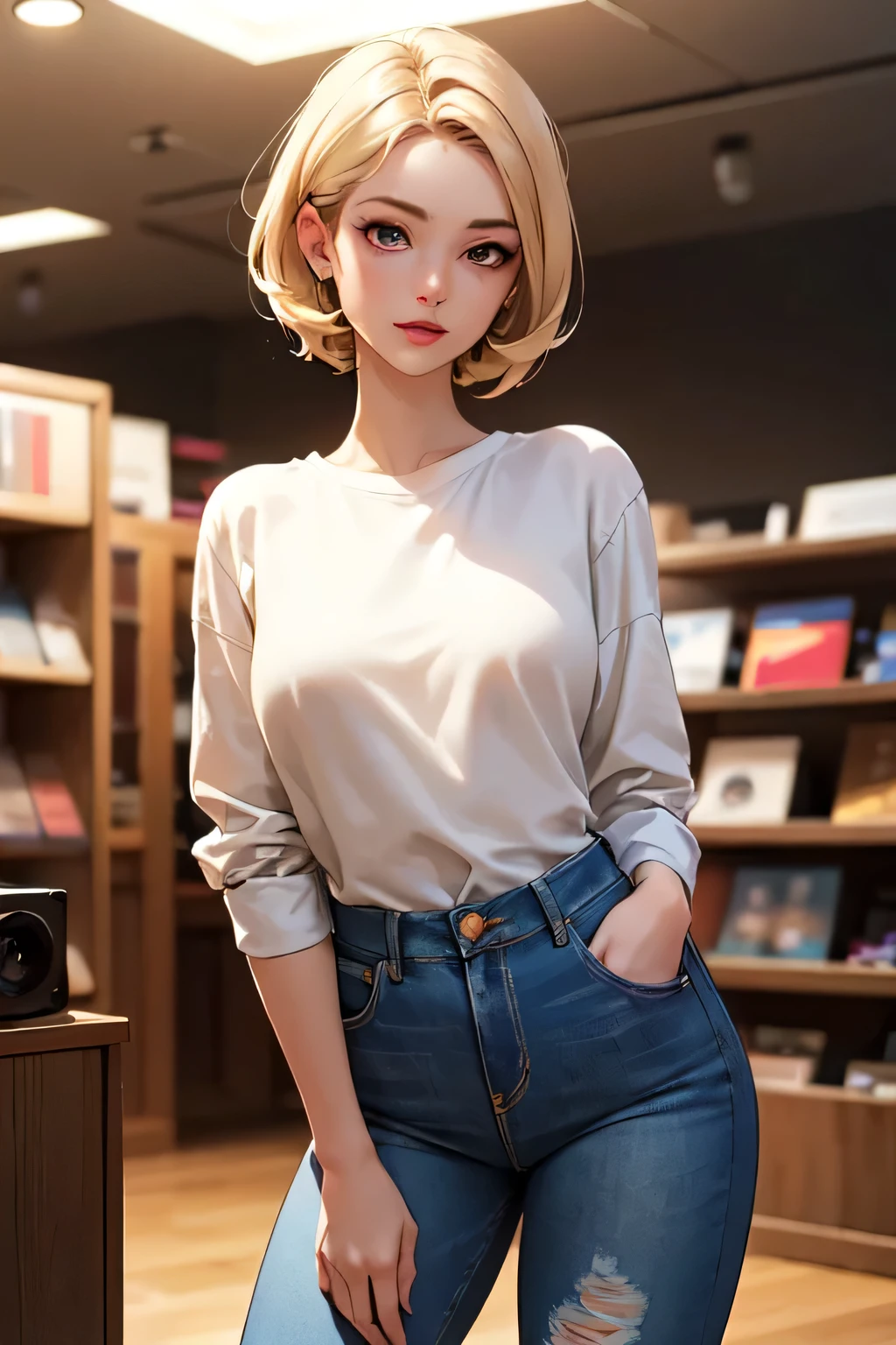 (masterpiece, Best quality:1.4), ultra detailed, soft light, daylight, cinematic light, granularity, (depth of field), (1 woman, One:1.4), mature woman, perfect female form, (perfect face, detailed face, glossy lips, Eyeliner), short hair, blonde, (natural breasts), (White shirt, jeans, split), (Mixtape:1.4), (Music Store), (standing),