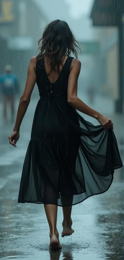 Realistic photo, low-angle,wide-angle, a girl wearing a black dress dancing in heavy rain, the background of the scene is slightly blurry and gray.