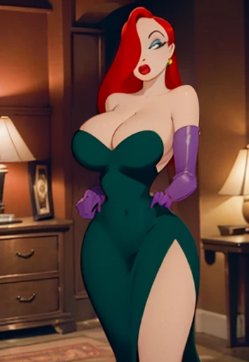 JessicaWaifu, Massive , elbow gloves, green eyes), Massive and Deep cleavage, Red lips, (strapless dress) (Red hair) (Red dress), ((She has a mature figure, her cleavage is Massive and Deep)) b
