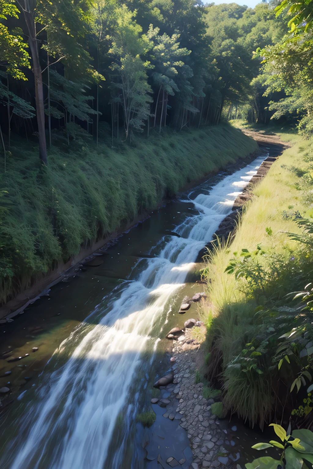 stream with preserved riparian forest on one side and degraded on the other side with erosion and several small houses and open sewage