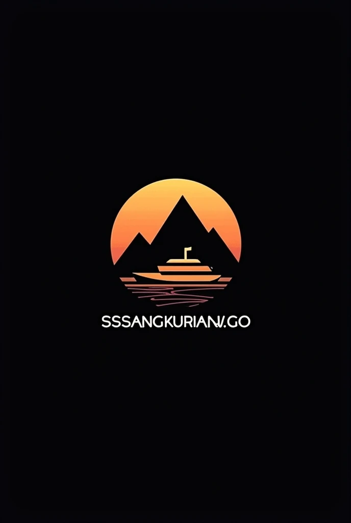 a circle logo, a mountain and ship, "SSSANGKURIANG.GO" text in the middle, black background, detailed logo design, minimalist style, clean lines, geometric shapes, simplistic, elegant, sleek, modern, abstract, symmetrical, balanced composition, smooth gradients, high contrast, matte finish, professional quality, 8k, ultra-detailed