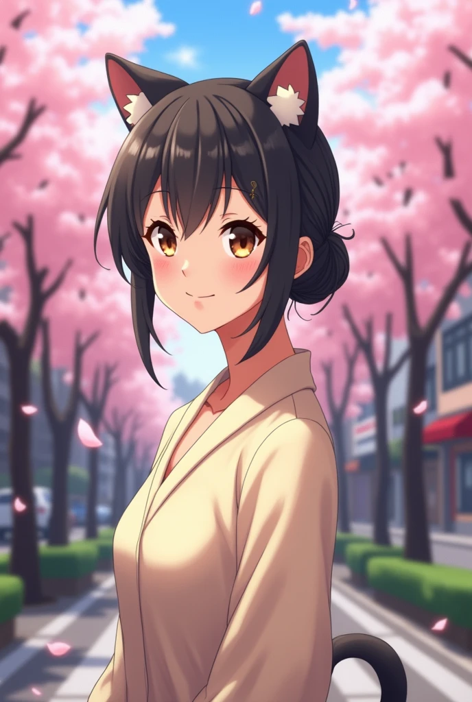 A graceful 50-year old Japanese woman who is wearIng a beige blouse with her long hair tied into single bun at back of her head. She is wearing cat's ears with calico pattern. Make it anime like.
Remove whatever in the cat ears and make the fur pattern into calico.