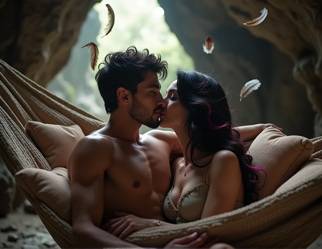 Long shot full view of a liberal naked couple sitting in a hammock with comfortable cushions kissing inside a cave with falling feathers, hombre desnudo con musculatura cabello negro humedecido ojos grises seductive look labios carnosos earrings piercing tatuado besando en abrazo a mujer desnuda, delicate woman, model face,diamond shape, grey-blue eyes, black shadow, seductive look, long black hair with pink and white highlights, SEPTUM,earrings, tattooed the two nudes without clothes making love