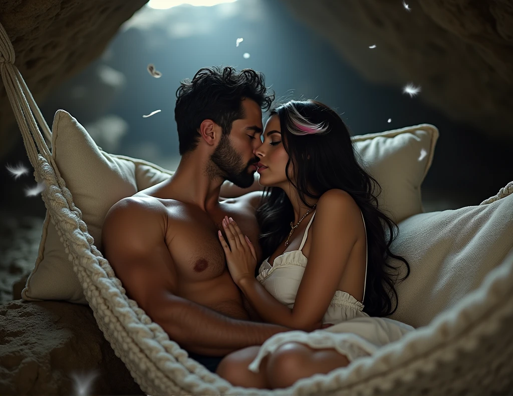 Long shot full view of a liberal naked couple sitting in a hammock with comfortable cushions kissing inside a cave with falling feathers, hombre desnudo con musculatura cabello negro humedecido ojos grises seductive look labios carnosos earrings piercing tatuado besando en abrazo a mujer desnuda, delicate woman, model face,diamond shape, grey-blue eyes, black shadow, seductive look, long black hair with pink and white highlights, SEPTUM,earrings, tattooed the two nudes without clothes making love