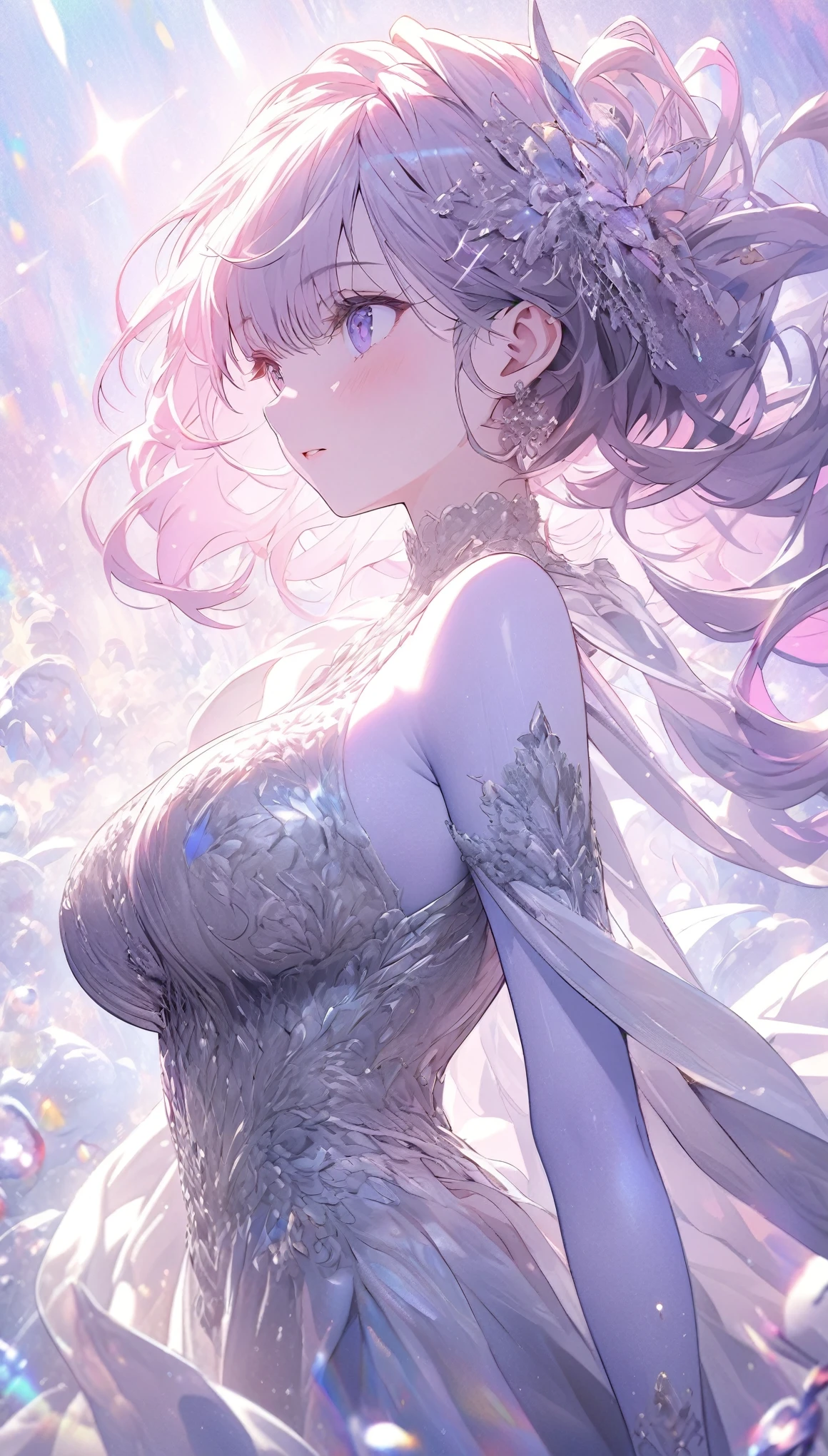 Character portrait、whole bodyエズビアン、masterpiece、Best image quality、highest quality、(Two girls facing each other:1.3)、Pointing the finger、cute、Precious stones、Jewelry Dress、Transparent dress、See-through sleeves、Precious stones、Precious stones、(jewel dress:1.2)、Opal colored hair、Yellow Eyes、(whole body:1.5)、(Plump pink nipples:1)、feet、(Toes:1.3)、(See-through white dress:1.6)、(Thick thighs:1.3)、(Cleavage)、(Sideboob)、(Underboob)、(White panties:1)、(Big Breasts:1.7)、(slender:1.5)、(vapor:1),(Sweat:1)、(raise your right hand up:1.5)
