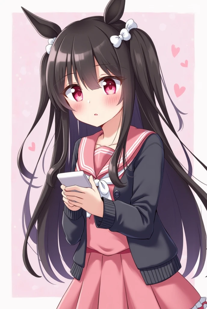 One person, Black Hair,Pink inner color,Long Hair, Gaze, Heavy bangs,Half pigtails Close your mouth, Pink eyes, Droopy eyes, Open your eyes, Take a closer look, Hearts in eyes, Simple Background, ribbon, Headband, White fluffy hair accessories, earphone, anime, anime風, skirt,Pale skin,黒色✨長袖,Frills,Mine system,smartphone,Looking down,No eyebrows,Red eyeshadow under the eyes,Pink Sailor Suit,Dark cardigan