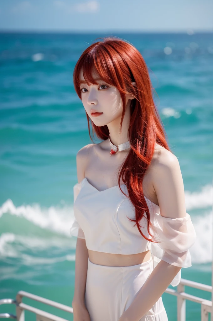 nilou (genshin impact), behind the sea, 1 girl, background blur, Closed mouth, bare arms, accessory, bare sleeves, bare shoulders, Red hair, wifes, collar, cowboy shot, oblique
