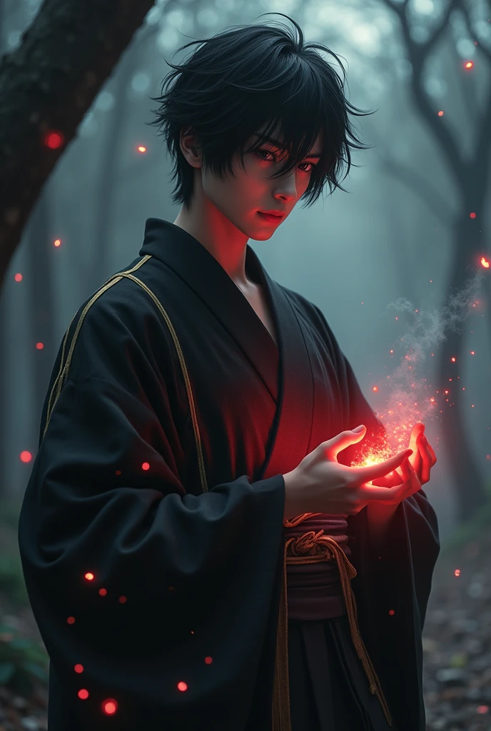masterpiece, best quality, 4k, UHD, bishoujo, painting, captivating gaze and intricately detailed face, illustration, stunningly detailed, high resolution illustration, radiant red energy ball, 1 man, black hair, deep-set dark eyes, hair slightly tousled, traditional black kimono with golden stripes, expressionless yet intense, dark, atmospheric background reminiscent of Dark Souls, shadowy landscapes with faint glimmers of light, ethereal mist swirling around, softly glowing red energy emanating from his hands, elegant posture, serene yet foreboding atmosphere, mystical energy, (Impressionism:1.4)