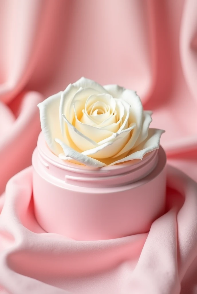 There is a pink container,There is a white rose inside,On pink cloth, Melancholy Rose Soft Light, Memes, Official product photos, soft colors Mononucleosis chromatic, Smooth pink skin, Professional product photography, Official product images, With soft pink, Take photos for skincare brands, Kano), Dramatic product shots, Synthetic biological skin, Mononucleosis, Professional product photos
