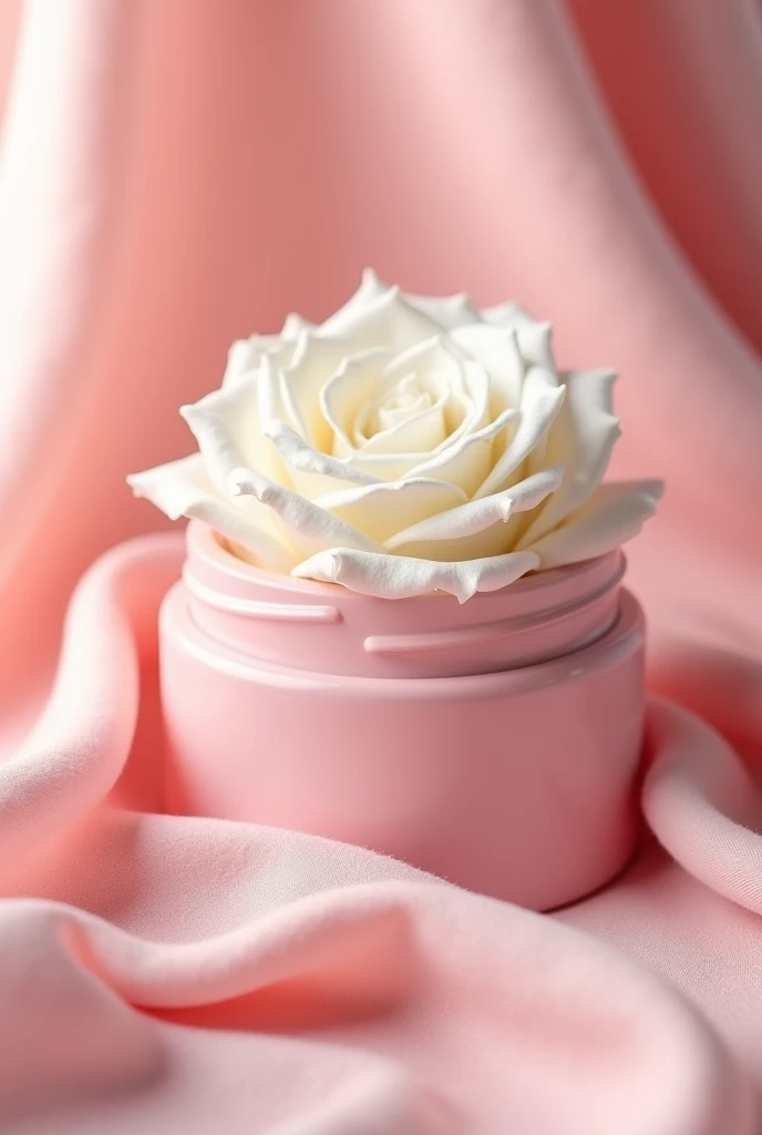 There is a pink container,There is a white rose inside,On pink cloth, Melancholy Rose Soft Light, Memes, Official product photos, soft colors Mononucleosis chromatic, Smooth pink skin, Professional product photography, Official product images, With soft pink, Take photos for skincare brands, Kano), Dramatic product shots, Synthetic biological skin, Mononucleosis, Professional product photos