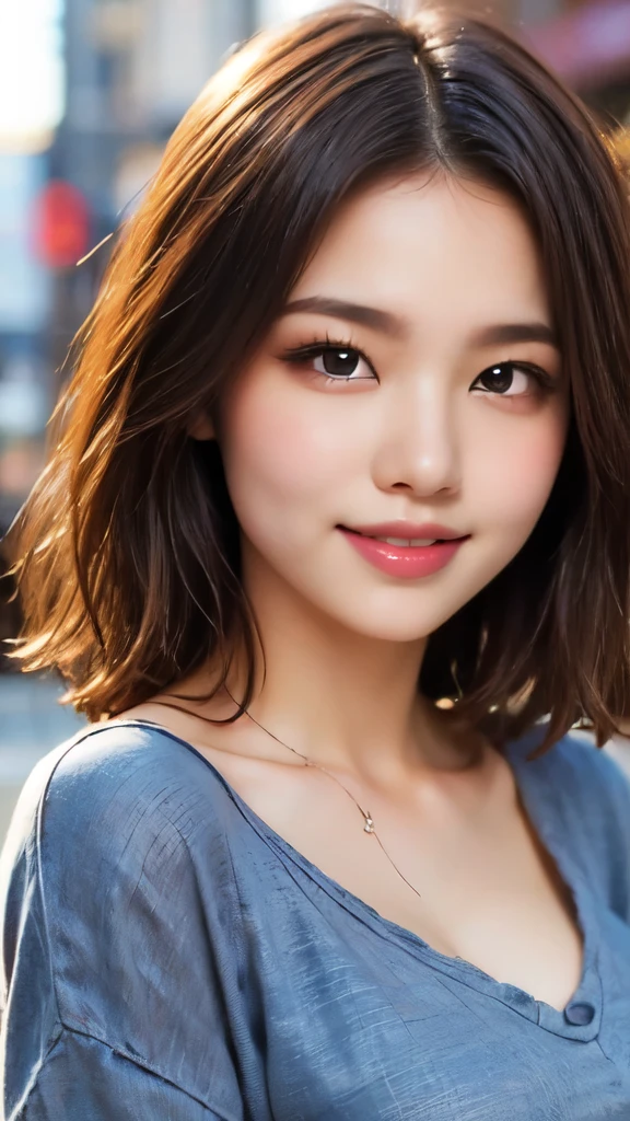8k,Highest quality,(masterpiece:1.2),(Realistic),(Realistic:1.37),Ultra-high resolution,1 female college student,city,smile,Beautiful Eyes,(((casual, Trendy clothes))),Big Breasts,Perfect body,Perfect Fingers,Professional Lighting,gravure,Detailed face and skin texture,fine grain,RAW Photos