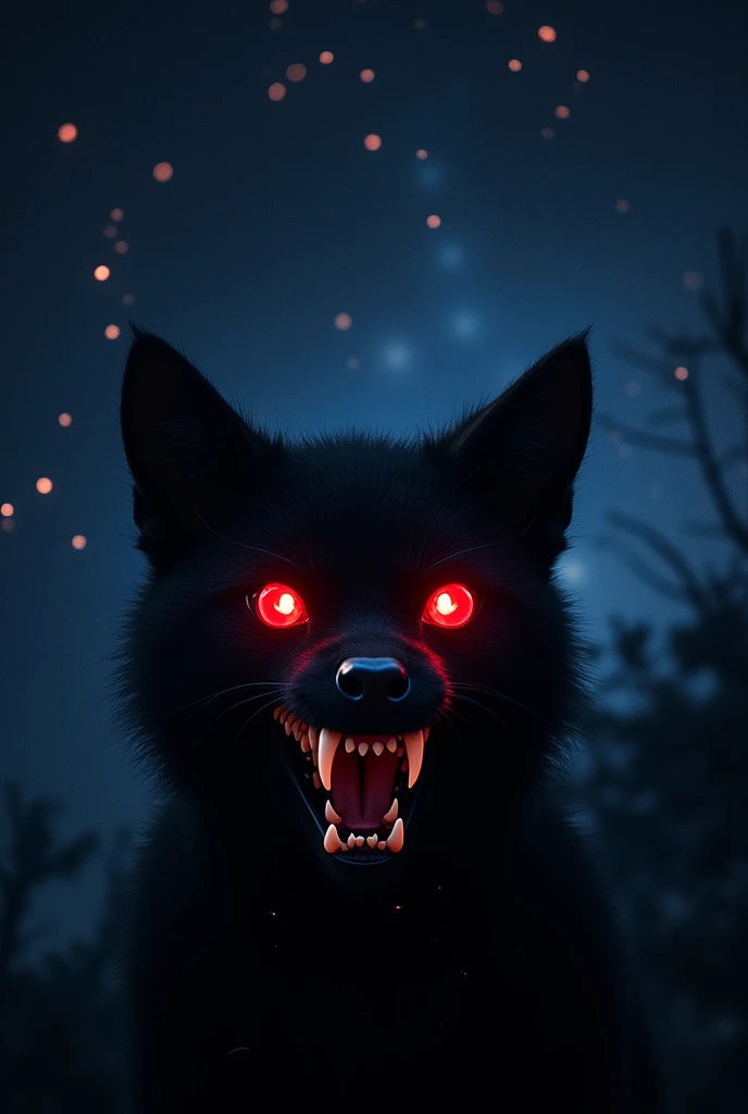 a pair of glowing red eyes and vampiric fangs in the stary night sky, 
