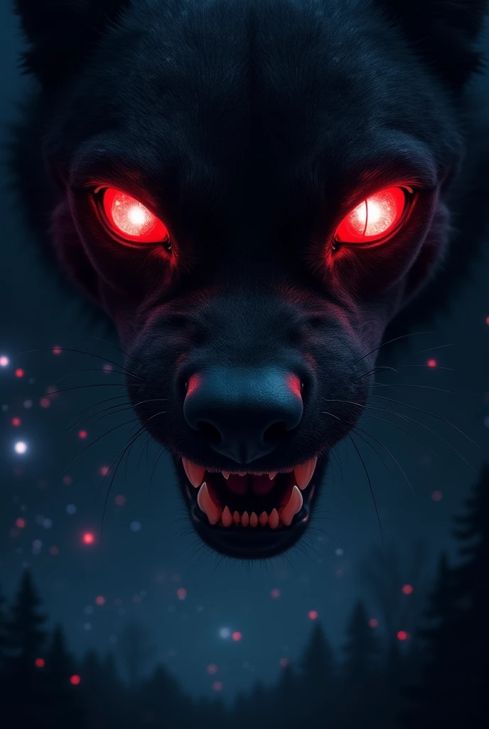 a pair of glowing red eyes and vampiric fangs in the stary night sky, 
