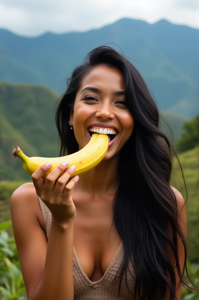 An Indonesian woman is eating a banana with her mouth wide open, facing forward with relish。photorealistic high quality images。9:16 vertical images。stunningly beautiful woman in her 30s。Background、famous tourist attractions in Ecuador, please。