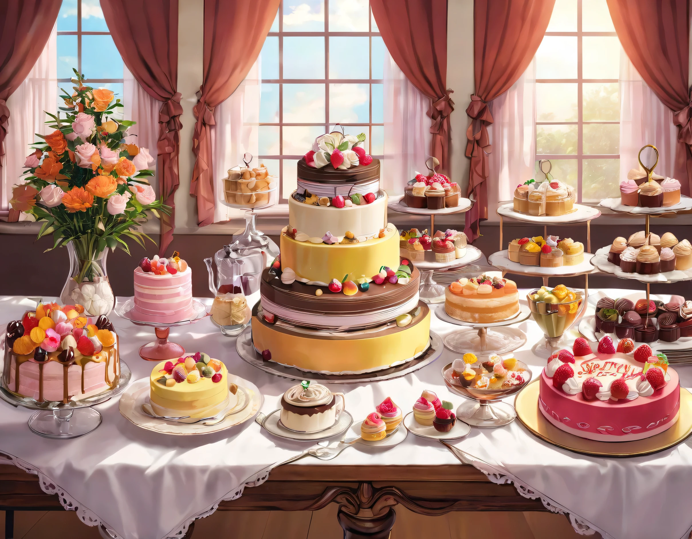 Large cake and sweets on the table