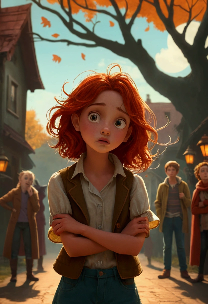 Jooli thinking, with images of scary stories and a thoughtful expression.