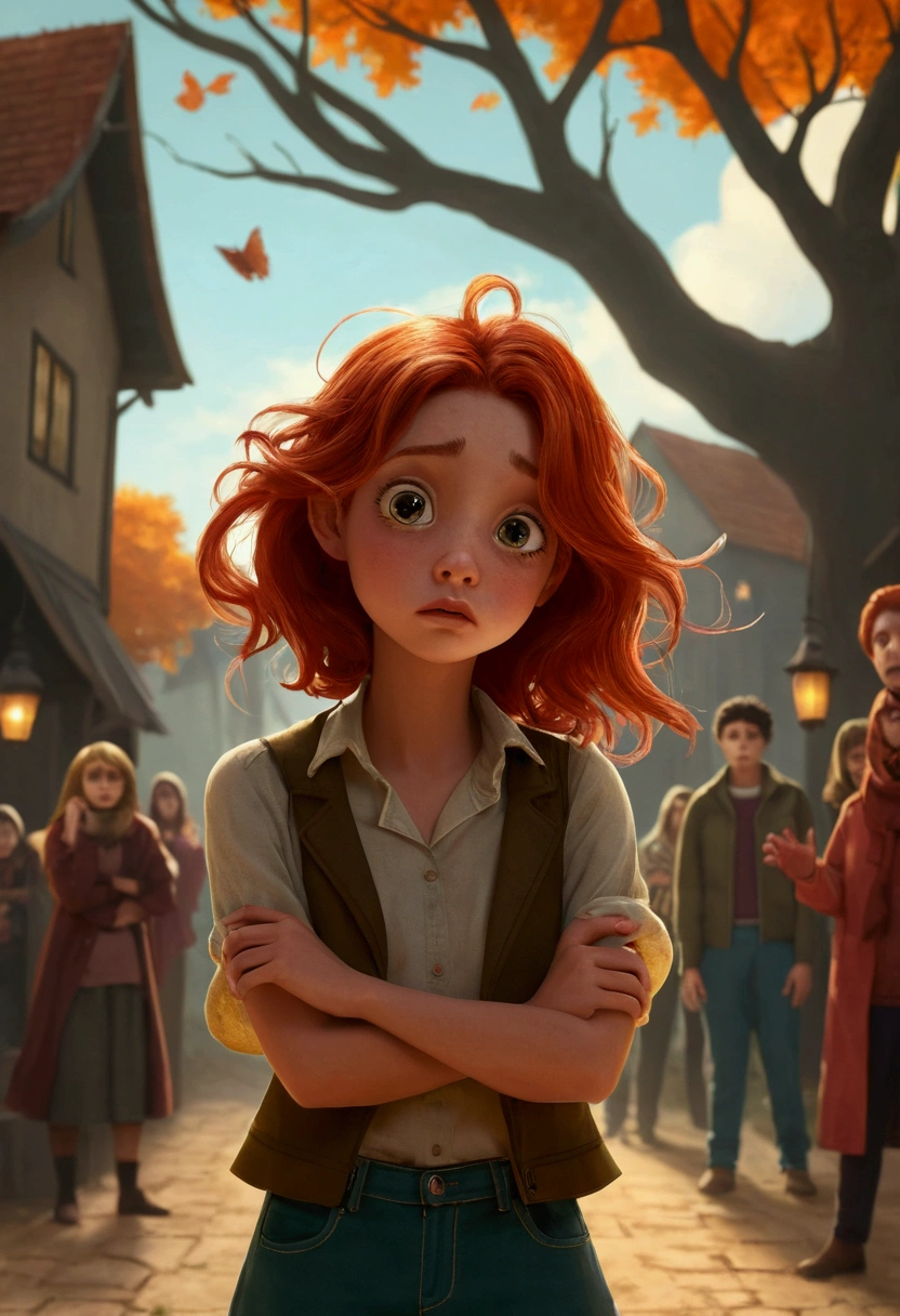 Jooli thinking, with images of scary stories and a thoughtful expression.