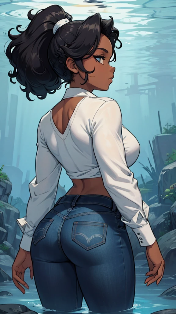 Roundbody dark skin black woman body floating partially submerged abovewater
 curly twist ponytail, low rise  jeans,  long sleeve v-neck midriff shirt  ,  above view showing back of the head underwater , back and hip submerging abovewater