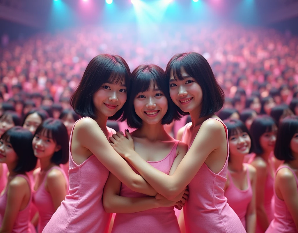 [Japanese Clone girls=Myself], [Perfect Clone girls Raw Photography Art], [16K, Highest quality, Ultra-high resolution], (((Unrealistic, Unprecedented sight, (((A World of Myself Proliferation, Ultra-realistic)))))), (Japanese, woman, 22-year-old, Saito-Asuka), ((Small face, Brown and black hair, Short Hair)), ((Very beautiful detailed girls, Accurate body structure, Very detailed and perfect super busty body)), ((amazing super big tits, Large, swelling breasts)), (Dark Eyes, Mature face, Cute Smile, A gentle gaze), (Happy laughter), [[(((((Very detailed, 1girl-1,000,000,000,000,000,000,000,000,000,000,000,000,000cloning girls))))), (((((A very detailed and precise description of the doppelganger, Perfectly the same girl, The exact same smile, Perfect same hair, Perfect same clothes, Exactly the same height, Perfect same super busty))))), (((((Myself only))))), (((Very detailed,№１group, on stage, アイドルgroup, Nogizaka46's stage costumes, 30,000Myself))), (((Very detailed,№２group, Audience seats, Pale pink camisole, 150,000,000Myself)))]], (((Perfect description, Smiling face, hug, wave hands, Matching poses, Matching dance))), (((Very detailed, Super crowded in a different dimension, Abnormal crowding, Super crowded))), (Large Concert Hall, Illuminated by spotlights, Live Stage Lighting), (((Wide field of view, Very detailed and clear hyper-perspective drawing)))),top view, groupアイドル的集合写真