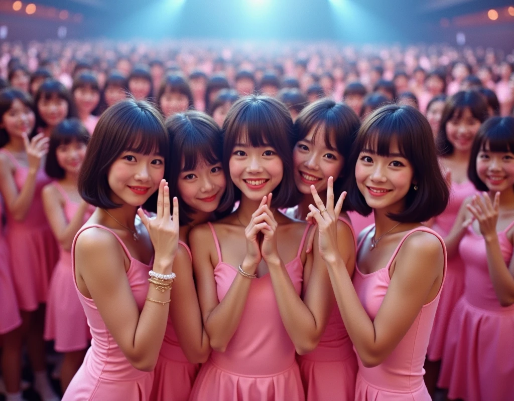 [Japanese Clone girls=Myself], [Perfect Clone girls Raw Photography Art], [16K, Highest quality, Ultra-high resolution], (((Unrealistic, Unprecedented sight, (((A World of Myself Proliferation, Ultra-realistic)))))), (Japanese, woman, 22-year-old, Saito-Asuka), ((Small face, Brown and black hair, Short Hair)), ((Very beautiful detailed girls, Accurate body structure, Very detailed and perfect super busty body)), ((amazing super big tits, Large, swelling breasts)), (Dark Eyes, Mature face, Cute Smile, A gentle gaze), (Happy laughter), [[(((((Very detailed, 1girl-1,000,000,000,000,000,000,000,000,000,000,000,000,000cloning girls))))), (((((A very detailed and precise description of the doppelganger, Perfectly the same girl, The exact same smile, Perfect same hair, Perfect same clothes, Exactly the same height, Perfect same super busty))))), (((((Myself only))))), (((Very detailed,№１group, on stage, アイドルgroup, Nogizaka46's stage costumes, 30,000Myself))), (((Very detailed,№２group, Audience seats, Pale pink camisole, 150,000,000Myself)))]], (((Perfect description, Smiling face, hug, wave hands, Matching poses, Matching dance))), (((Very detailed, Super crowded in a different dimension, Abnormal crowding, Super crowded))), (Large Concert Hall, Illuminated by spotlights, Live Stage Lighting), (((Wide field of view, Very detailed and clear hyper-perspective drawing)))),top view, groupアイドル的集合写真