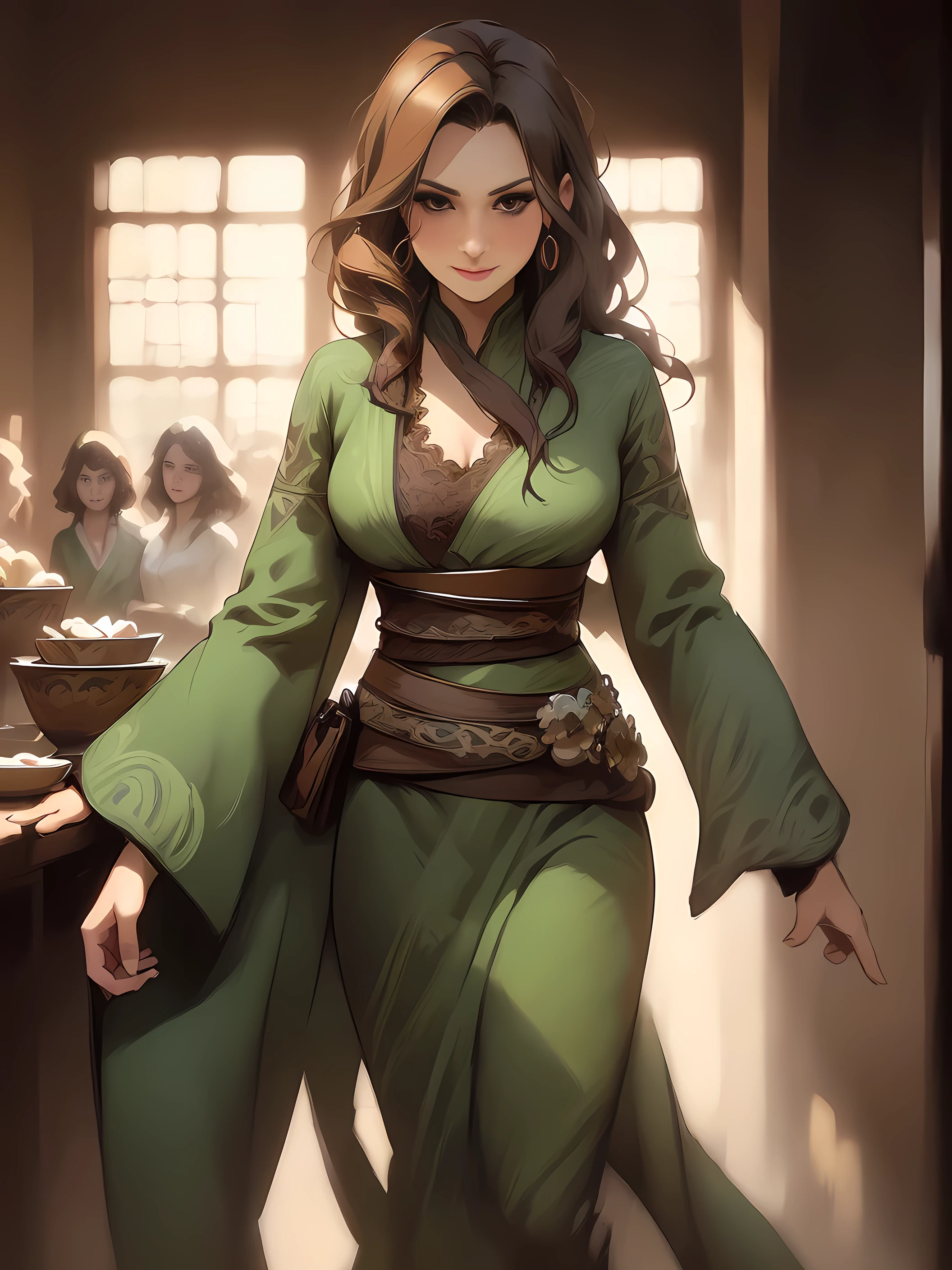 (Caucasianwoman, female, short brown hair, pale, brown eyes, solo portrait, natural breasts) green dress, long flowing dress, green clothing full body, smiling, standing inside, good lighting, daytime, inside of a tavern, ((masterpiece, best quality)), art by greg rutkowski