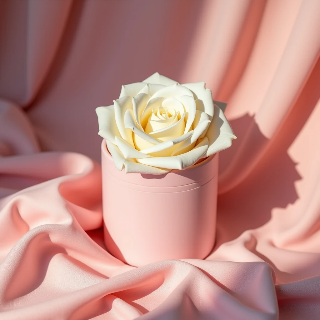 There is a pink container，There is a white rose inside，On pink cloth, Melancholy Rose Soft Light, Memes, Official product photos, soft colors Mononucleosis chromatic, Professional product photography, Official product images, With soft pink, Dramatic product shots, Synthetic biological skin, Mononucleosis, Professional product photos