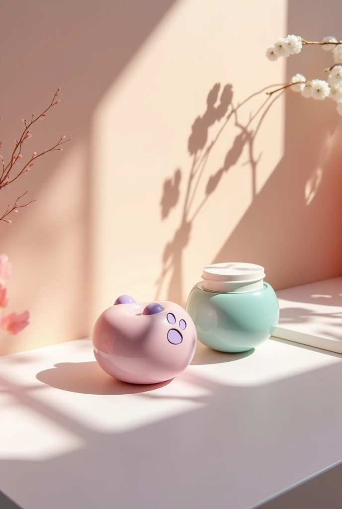 generates a container for face creams, This will have 2 pieces, the lid is one and the container is another, The packaging will be shaped like a cat&#39;s paw but without the nails., so that the volume resembles a cat&#39;s paw, and the cover is the paw print so they complement each other, Give them to me again in the three colors I told you and open and closed, It also closes by screwing, The packaging material will be glass and it will only be opened by screwing it on.