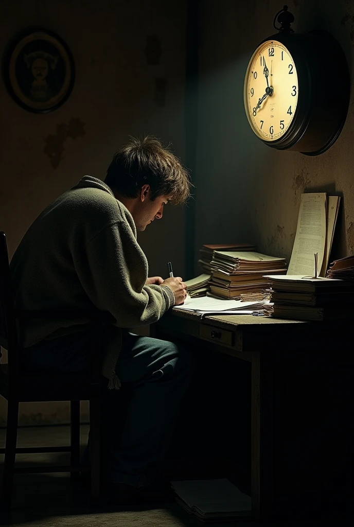 A dark room with a single spotlight illuminating a person sitting at a desk, surrounded by books, papers, and a computer. The sound of a ticking clock echoes in the background