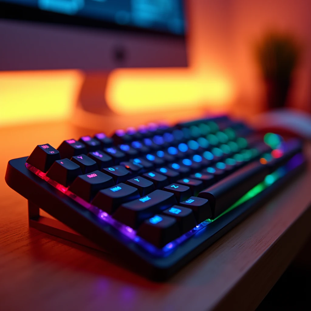 Photo of a high quality keyboard that looks amazing, blurred background, white background, soft orange light behind, different colors, full shot of the keyboard, complete, all elements, placed on the table. [Take professional photos]
