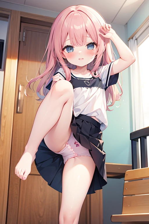 kindergarten child ,underwear, show off underwear,kindergarten child , show off pauty, blush, kindergarten child blush, panty shot, kindergarten child skirts, leg up, own leg lift