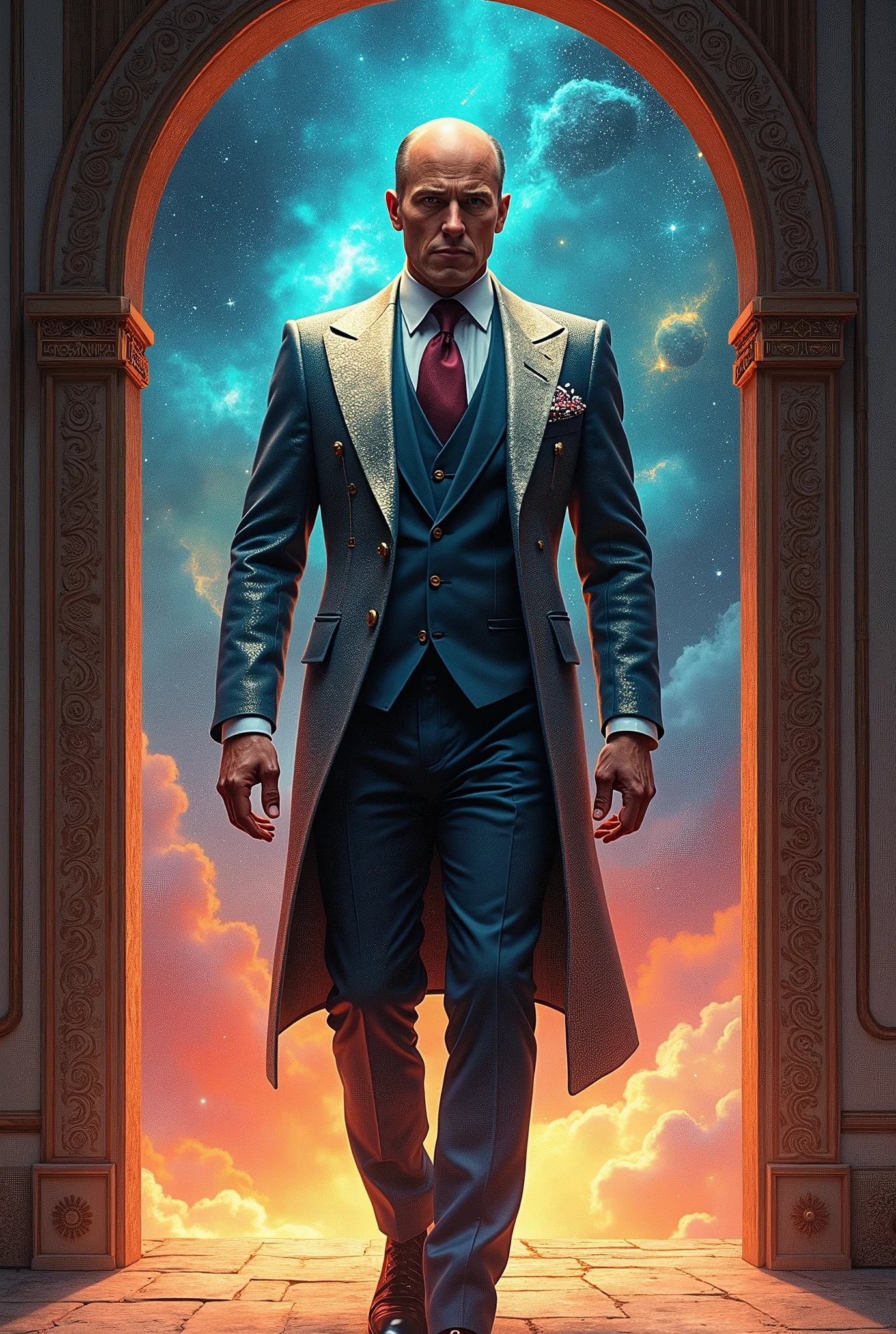 arafed image of a man in a suit standing in a doorway, in style of kyrill kotashev, inspired by Aleksandr Gerasimov, flash gordon, emperor of the known universe, 2022 movie, diamond plated superhero, movie promotional image, anton fadeev 8 k, gilgamesh, an epic anime of a energy man