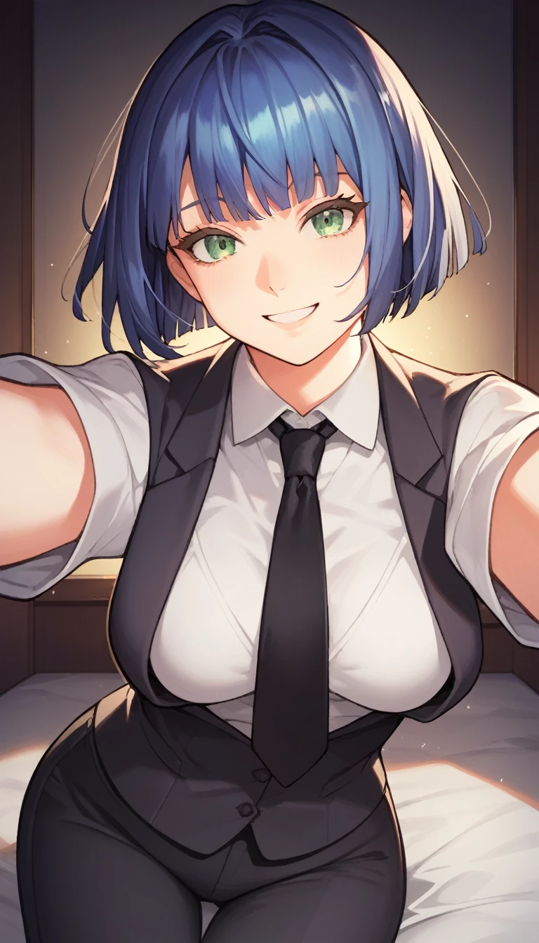 score_9, score_8_up, score_7_up, source_anime, best quality, amazing quality, very aesthetic, 1girl, green eyes, room, wariza, short dark blue hair, korean pixie cut, smile face, portrait, blazer, starshadowmagician, solo, Adult woman, best perfect anatomy, thin, curvy body, medium breasts, curvy body, close up shot on person, a woman showing happy, (lying down, hand between her legs), accidentally selfie, mature woman laying prone on bed, white shirt, black tie, format black vest, Long-sleeved shirt, black trousers, dynamic angle. no light source, dark background, night days, dark hotel bedroom background,