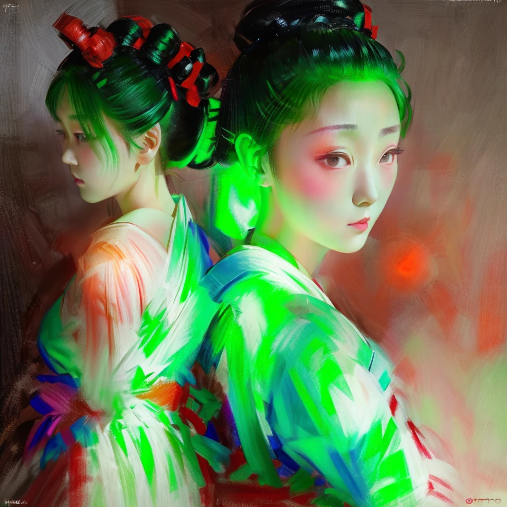 Close-up shot of a woman, with green hair buns and red eyes, wearing a yukata, beautiful lights, cinematic, beautiful proportions, iper-realistic.