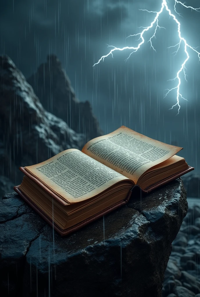 "Muicktrow" titled brown colour historical type book on black rock with rain and thunder weather condition