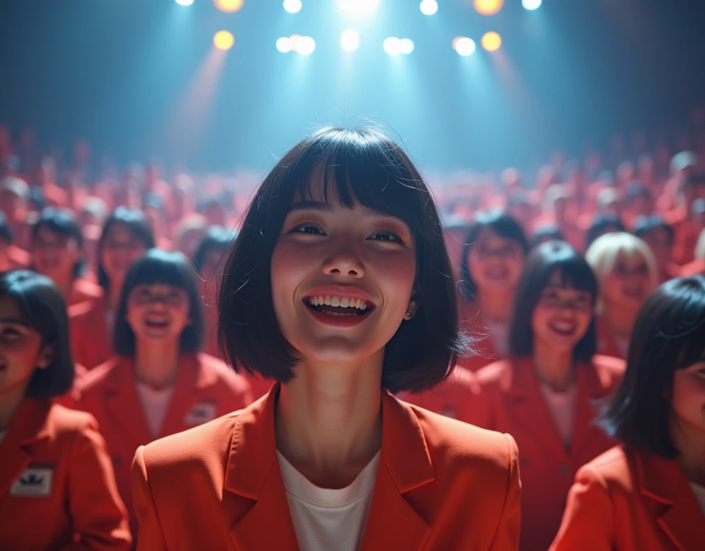 [Japanese Clone girls=Myself], [Perfect Clone girls Raw Photography Art], [16K, Highest quality, Ultra-high resolution], (((Unrealistic, Unprecedented sight, (((A World of Myself Proliferation, Ultra-realistic)))))), (Japanese, woman, 22-year-old, Saito-Asuka), ((Small face, Brown and black hair, Short Hair)), ((Very beautiful detailed girls, Accurate body structure, Very detailed and perfect super busty body)), ((amazing super big tits, Large, swelling breasts)), (Dark Eyes, Mature face, Cute Smile, A gentle gaze), (Happy laughter), [[(((((Very detailed, 1girl-1,000,000,000,000,000,000,000,000,000,000,000,000,000cloning girls))))), (((((A very detailed and precise description of the doppelganger, Perfectly the same girl, The exact same smile, Perfect same hair, Perfect same clothes, Exactly the same height, Perfect same super busty))))), (((((Myself only))))), (((Very detailed,№１group, on stage, アイドルgroup, Nogizaka46's stage costumes, 30,000Myself))), (((Very detailed,№２group, Audience seats, Pale pink camisole, 150,000,000Myself)))]], (((Perfect description, Smiling face, hug, wave hands, Matching poses, Matching dance))), (((Very detailed, Super crowded in a different dimension, Abnormal crowding, Super crowded))), (Large Concert Hall, Illuminated by spotlights, Live Stage Lighting), (((Wide field of view, Very detailed and clear hyper-perspective drawing)))),top view, groupアイドル的集合写真