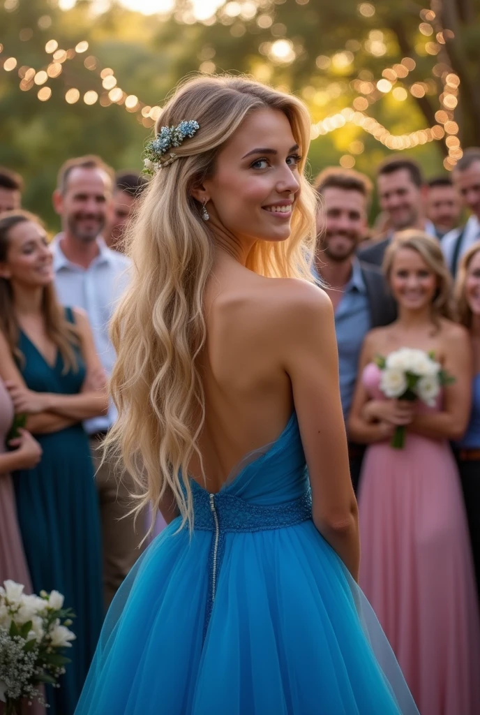 Create a realistic image of a 20 year old woman, long blond hair, blue eyes, cheekbones, ((full body)), dressed in a blue colored cocktail dress, surrounded by her family in a wedding, back image shot: a wedding, head to toe, full body